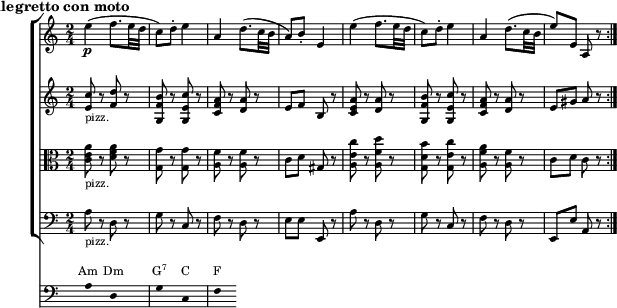{ <<
\new ChoirStaff <<
\relative c' { \magnifyStaff #3/4 \set Staff.midiInstrument = #"violin" \p
\set Score.tempoHideNote = ##t \tempo 4 = 60 \time 2/4
\mark \markup { \abs-fontsize #10 { \bold { Allegretto con moto} } }
\repeat volta 2 {
e'4( f8. e32 d | c8) d-. e4 | a, d8.( c32 b | a8) b-. e,4 |
e'( f8. e32 d | c8) d-. e4 | a, d8.( c32 b | e8) e, a, r }
}
\relative c' { \magnifyStaff #3/4 \set Staff.midiInstrument = #"pizzicato strings"
\time 2/4
<e c'>8_"pizz." r <f d'> r | <g, f' b> r <g e' c'> r | <c f a> r <d a'> r | e f b, r |
<c e a> r <d a'> r | <g, f' b> r <g e' c'> r | <c f a> r <d a'> r | e gis a r |
}
\relative c' { \magnifyStaff #3/4 \set Staff.midiInstrument = #"pizzicato strings"
\clef C \time 2/4
<c e a>8_"pizz." r <d f a> r | <g, g'> r <g g'> r | <a f'> r <a f'> r | c d gis, r |
<a e' c'> r <a f' d'> r | <g d' b'> r <g e' c'> r | <a f' a> r <a f'> r | c d c r |
}
\relative c' { \magnifyStaff #3/4 \set Staff.midiInstrument = #"pizzicato strings"
\clef F \time 2/4
a8_"pizz." r d, r | g r c, r | f r d r | e e e, r |
a' r d, r | g r c, r | f r d r | e, e' a, r |
}
>>
\new Staff = "chords" \with {
\omit TimeSignature
\magnifyStaff #3/4
} \relative c'
{ \hide Staff.KeySignature \clef F
{ \hide Stem a8 s d, s g s c, s f s }}
\addlyrics \with { alignAboveContext = "chords" \override VerticalAxisGroup.nonstaff-relatedstaff-spacing =
#'((basic-distance . 3)) } { \override LyricText.font-size = #-2 Am Dm \markup{\concat{G\super{7}}} C F }
>>
}
\layout { line-width = #150 }