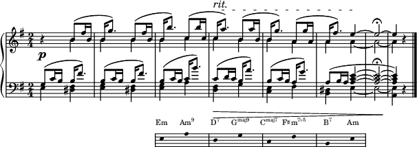 { <<
\new Dynamics {
s2 s s4 s \tempo 8 = 87 s-"rit." \tempo 8 = 82 s \tempo 8 = 77 s \tempo 8 = 72 s
}
\new PianoStaff <<
\new Staff \with{ \magnifyStaff #3/4 } <<
\new Voice \relative c' {
\key e \minor \set Score.tempoHideNote = ##t \tempo 8 = 92 \time 2/4 \stemUp \slurUp \tieUp
r4 b'8( fis'16 b, | b g'8.) b,8( fis'16 b, | b b'8.) c,8( b'16 c, | c a'8.^\startTextSpan) b,8( a'16 b, | b g'8.) a,8( g'16 a, | a fis'8.) e4 ~ \stopTextSpan e2 \fermata ~ e4 r \bar "|."
}
\new Voice \relative c' {
\stemDown \tieDown
s4 b'4 b b b c c b b a a a ~ a2 ~ a4 s4
}
\new Dynamics {
\p
}
\new Staff \with{ \magnifyStaff #3/4 } <<
\new Voice \relative c' {
\key e \minor \clef F \time 2/4 \stemUp \slurUp \tieUp
g8( c16 b b fis'8.) | b,8( c16 b b fis'8.) | b,8( c16 b c b'8.) | c,8( d16 c b a'8.) | b,8( c16 b a g'8.) | a,8( b16 a ~ <a c e>4 ~ <a c e>2 \fermata ~ <a c e>4) r |
}
\new Voice \relative c' {
\stemDown \tieDown
e,4 <dis fis> | <e g> <dis fis> | <e g> a | <d, fis> g | <c, e> fis | <b, dis> e4 ~ e2 ~ <a, e'>4 s
}
\new Dynamics {
s2 s s s\> s s s s \!
}
>> >> >>
\new Staff = "chords" \with {
\omit TimeSignature
\magnifyStaff #2/3
} \relative c'
{ \hide Staff.KeySignature \hide Staff.Clef \key e \minor \clef bass
{ \hide Stem \stopStaff \once \hide \p s2 s \startStaff e,8 s a s d, s g s c, s fis s b, s e s \stopStaff}}
\addlyrics \with { alignAboveContext = "chords" \override VerticalAxisGroup.nonstaff-relatedstaff-spacing = #'((basic-distance . 3)) } { \override LyricText.font-size = #-3 Em \markup{\concat{Am\super{9}}} \markup{\concat{D\super{7}}} \markup{\concat{G\super{maj9}}} \markup{\concat{C\super{maj7}}} \markup{\concat{F♯m\super{7♭5}}} \markup{\concat{B\super{7}}} Am}
>>
}
\layout { line-width = #150 }