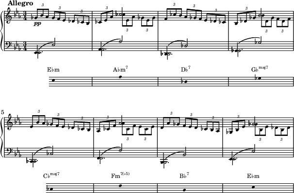 { <<
\new PianoStaff <<
\new Staff << \magnifyStaff #2/3
\new Voice \relative c' {
\key es \major \set Score.tempoHideNote = ##t \tempo 4 = 120 \time 3/4
\mark \markup { \abs-fontsize #10 { \bold { Allegro } } }
\times 2/3 {ges'8_\markup{\dynamic pp} bes aes} \times 2/3 {ges f ees} \times 2/3 {des ces bes} |
\times 2/3 {ces ees aes} \stemDown \times 2/3 {ces ees, aes} \times 2/3 {ges ees ges} |
\stemNeutral \times 2/3 {f ces' bes} \times 2/3 {aes ges f} \times 2/3 {ees des ces} |
\times 2/3 {bes des ges} \stemDown \times 2/3 {bes des, ges} \times 2/3 {f des f} |
\stemNeutral \times 2/3 {ees bes' aes} \times 2/3 {ges f ees} \times 2/3 {des ces bes} |
\times 2/3 {aes ces f} \stemDown \times 2/3 {aes ces, f} \times 2/3 {ees ces ees} |
\stemNeutral \times 2/3 {d aes' ges} \times 2/3 {f ees d} \times 2/3 {ces bes aes} |
\times 2/3 {ges bes ees} \stemDown \times 2/3 {ges bes, ees} \times 2/3 {des bes des} |
}
\new Voice \relative c' { \stemUp
s2. | s4 ces'2 | s2. | s4 bes2 |
s2. | s4 aes2 | s2. | s4 ges2 |
}
\new Staff << \magnifyStaff #2/3
\new Voice \relative c' {
\key es \major \clef F \time 3/4 \stemUp \slurUp
ees,,4( ees'2) | aes,4( aes'2) | des,,4( des'2) | ges,4( ges'2)
ces,,4( ces'2) | f,4( f'2) | bes,,4( bes'2) | ees,4( ees'2)
}
\new Voice \relative c' { \stemDown
ees,,2. | aes2. | des,2. | ges2.
ces,2. | f2. | bes,2. | ees2.
}
>> >> >>
\new Staff = "chords" \with {
\omit TimeSignature
\magnifyStaff #2/3
} \relative c'
{ \hide Staff.KeySignature \key ees \major \clef bass \hide Staff.Clef
{\stopStaff s4 \startStaff \hide Stem ees,8 s s s s s aes s s s s s des, s s s s s ges s s s \stopStaff s s \startStaff ces, s s s s s f s s s s s bes, s s s s s ees}}
\addlyrics \with { alignAboveContext = "chords" \override VerticalAxisGroup.nonstaff-relatedstaff-spacing =
#'((basic-distance . 3)) } { \override LyricText.font-size = #-2 E♭m \markup{\concat{A♭m\super{7}}} \markup{\concat{D♭\super{7}}} \markup{\concat{G♭\super{maj7}}} \markup{\concat{C♭\super{maj7}}} \markup{\concat{Fm\super{7(♭5)}}} \markup{\concat{B♭\super{7}}} E♭m }
>>
}
\layout { line-width = #150 }