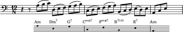 { \new Staff \relative c' {
\set Staff.midiInstrument = #"cello" \clef F \time 12/8
r r8 << {a( b c) | d,( e f) g( a b) | c,( d e) f( g a) | b,( c d) e( d) e | a, c e}
\new Staff = "chords" \with {
\omit TimeSignature
\magnifyStaff #2/3
firstClef = ##f
} \relative c'
{ \set Staff.midiInstrument = #"cello" \clef F
{\hide Stem a8 s s d, s s g s s c, s s f s s b, s s e s s a, s s}}
\addlyrics \with { alignAboveContext = "chords" } { \override LyricText.font-size = #-1.5 Am \markup{\concat{Dm\super{7}}} \markup{\concat{G\super{7}}} \markup{\concat{C\super{maj7}}} \markup{\concat{F\super{maj7}}} \markup{\concat{B\super{7(♭5)}}} \markup{\concat{E\super{7}}} Am
} >>
s1 s8
} }