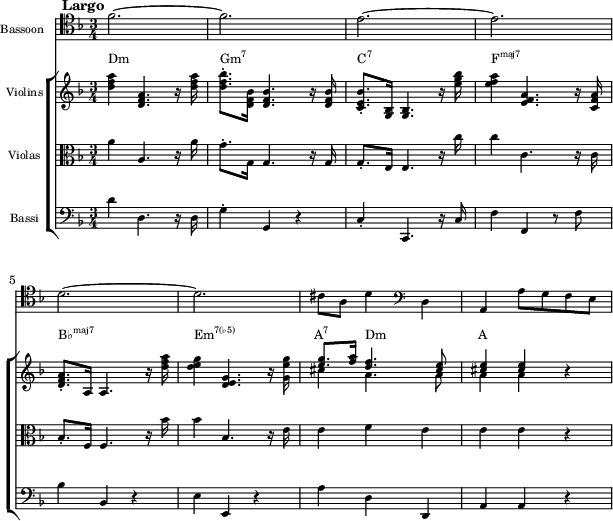 {<<
\new Staff \with{ \magnifyStaff #3/4 instrumentName = "Bassoon" } \relative c' {
\set Staff.midiInstrument = #"bassoon" \key f \major \clef tenor \time 3/4
\mark \markup { \abs-fontsize #10 { \bold { Largo } } }
f2. ~ | f | e ~ | e | \break
d ~ | d | cis8 a d4 \clef F d, | a a'8 g f e
}
\new ChoirStaff <<
\new Staff = "chords" \with{ \magnifyStaff #3/4 instrumentName = "Violins" } <<
\new Voice \relative c' {
\set Staff.midiInstrument = #"violin" \key f \major \clef treble
<d' f a>4 <d, f a>4. r16 <d' f a> | <d f bes>8.-. <d, f bes>16 <d f bes>4. r 16 <d f bes> |
<c e bes'>8.-. <g bes>16 <g bes>4. r16 <e'' g bes> | <e f a>4 <e, f a>4. r16 <c f a> |
<d f a>8.-. a16 a4. r16 <d' f a> | <d e g>4 <d, e g>4. r16 <g e' g> |
\stemUp <e' g>8.-. <f a>16 <d f>4. <cis e>8 | <cis e>4 <cis e> r
}
\new Voice \relative c' {
s2. s s s s s | \stemDown cis'4 a4. a8 | a4 a s
} >>
\new Staff \with{ \magnifyStaff #3/4 instrumentName = "Violas"} \relative c' {
\set Staff.midiInstrument = #"viola" \key f \major \clef C
a'4 a,4. r16 a' | g8.-. g,16 g4. r16 g | g8.-. e16 e4. r16 c'' | c4 c,4. r16 c |
bes8.-. f16 f4. r16 bes' | bes4 bes,4. r16 e | e4 f e | e e r
}
\new Staff \with{ \magnifyStaff #3/4 instrumentName = "Bassi"} \relative c' {
\set Staff.midiInstrument = #"cello" \key f \major \clef F
d4 d,4. r16 d | g4-. g, r | c-. c,4. r16 c' | f4 f, r8 f' |
bes4 bes, r | e e, r | a' d, d, | a' a r
}
\addlyrics \with { alignAboveContext = "chords" } { \override LyricText.font-size = #-1.5 Dm _ _ \markup{\concat{Gm\super{7}}} _ \markup{\concat{C\super{7}}} _ _ \markup{\concat{F\super{maj7}}} _ _ \markup{\concat{B♭\super{maj7}}} _ \markup{\concat{Em\super{7(♭5)}}} _ \markup{\concat{A\super{7}}} Dm _ A }
>> >> }
\layout {
indent = 1.0\cm
line-width = #150
}