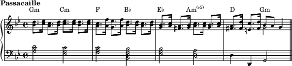 {
\new PianoStaff <<
\new Staff = "chords" << \magnifyStaff #3/4
\new Voice \relative c' {
\set Staff.midiInstrument = #"harpsichord" \key g \minor
\mark \markup { \abs-fontsize #10 { \bold { Passacaille } } }
<bes' d>8. <c ees>16 <a c>8. <bes d>16 <c ees>8. <c ees>16 <bes d>8. <c ees>16 |
<a c>8. <a f'>16 <g ees'>8. <a f'>16 <bes d>8. <bes d>16 <a c>8. <bes d>16 |
<g bes>8. <a c>16 <fis a>8. <g bes>16 <a c>8. <a c>16 <g bes>8. <a c>16 |
<fis a>8. <fis d'>16 <e c'>8. <fis d'>16 bes8 a g4 \bar "||"
}
\new Voice \relative c' {
s1 s s s2 \stemDown g'2
}
\new Staff \relative c' { \magnifyStaff #3/4
\set Staff.midiInstrument = #"harpsichord" \key g \minor \clef F
<g bes d>2 <ees g c> <f a c> <bes, d f bes> <ees g bes> <c ees a> d4 d, g2
}
\addlyrics \with { alignAboveContext = "chords" } { \override LyricText.font-size = #-1.5 Gm Cm F B♭ E♭ \markup{\concat{Am\super{(♭5)}}} D _ Gm }
>> >> }