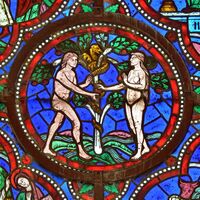 Detail of a stained glass window (12th century) in Saint-Julien cathedral - Le Mans, France