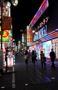 Signs along Sakura-Dori, including entrance to the Robot Restaurant