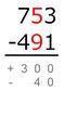The smaller number is subtracted from the greater: 90 − 50 = 40 Because the minuend is smaller than the subtrahend, this difference has a minus sign.
