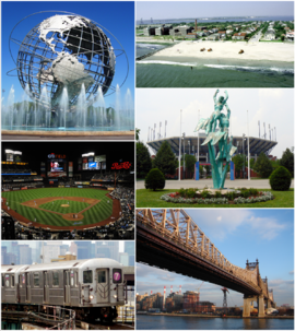 تجاه عقارب الساعة من أعلى اليسار: Unisphere, شاطئ روكواي پارك ، US Open's Billie Jean King National Tennis Center، جسر كوينزبورو، Flushing-bound 7 train, New York Mets—Citi Field.