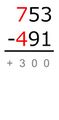 The smaller number is subtracted from the greater: 700 − 400 = 300 Because the minuend is greater than the subtrahend, this difference has a plus sign.