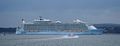 The ship inbound to the Solent at twilight on her delivery voyage to Port Everglades, to enable Finnish shipyard workers to disembark.