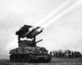 American T34 Calliope, a multiple-rocket launcher installed atop a tank, used in World War II