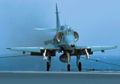 McDonnell Douglas AF-1 Skyhawk (A-4KU) from fighter squadron VF-1 Falcões catching the arrestor wire aboard the aircraft carrier São Paulo
