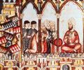 السلطان المغربي أبو حفص عمر المرتضي و هو يرتدي قفطان مغربي رفقة سفراء من قشتالة يحاولون اقناعه بالانضمام لحلفهم.