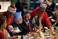 Indian President Pratibha Devisingh Patil, Indian Prime Minister Manmohan Singh, and U.S. President Barack Obama during a state dinner held at the Rashtrapati Bhavan in New Delhi, 2010.