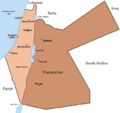 The British Mandate for Palestine. The Emirate of Transjordan is shown in brown.