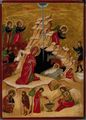 Modern Romanian icon, with very similar iconography to Rublev, but a few Western elements, like the kneeling Virgin.