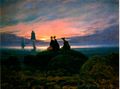 Moonrise Over the Sea (1822). 55 × 71 cm. Alte Nationalgalerie, Berlin. During the early 1820s, human figures appear with increasing frequency in the paintings. Of this period, Linda Siegel writes, "the importance of human life, particularly his family, now occupies his thoughts more and more, and his friends appear as frequent subjects in his art."[13]