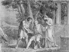 Scene from the 1802 première in Weimar of Goethe's "Iphigenia in Tauris, with Goethe himself as Orestes in the centre.