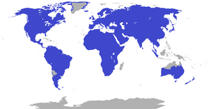 Worldwide except for Antarctica, southern South America, northern Oceania, and inland Greenland