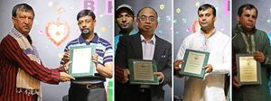 Four photos of people holding plaques