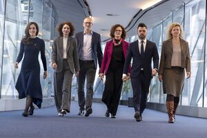A group photo of 6 Tisza Party MEPs, excluding Magyar (the 7th)