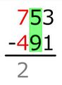Because the next digit of the minuend is smaller than the subtrahend, we subtract one from our penciled-in-number and mentally add ten to the next.