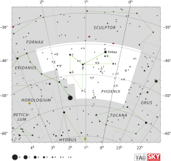 Diagram showing star positions and boundaries of the Phoenix constellation and its surroundings