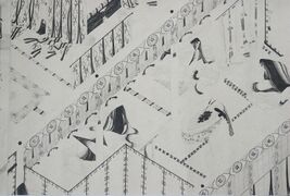 Very constructed ink painting, similar to tsukuri-e without colour; the line is fine and uniform. Makura no Sōshi Emaki (fr), 13th century
