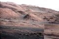 Layers at the base of Aeolis Mons - dark rock in inset is same size as the Curiosity rover.