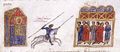 Arab captive displays his skill with two spears at Theophilos' triumph in Constantinople (Fol. 54ra)