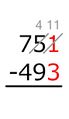 1 − 3 = not possible. We add a 10 to the 1. Because the 10 is "borrowed" from the nearby 5, the 5 is lowered by 1.