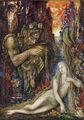 Polyphemus spies on Galatea through the wall of a sea grotto or emerges from a cliff to adore her sleeping figure.