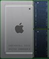 The Apple M1 processor with the heatspreader, only showing the two modules containing the LPDDR4X SDRAM.