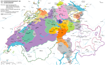 The Old Swiss Confederacy in the 18th century with modern Swiss national border (in red)