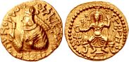 Kushan ruler Huvishka with seated god Serapis ("Sarapo") wearing the modius, 2nd century CE.[21]