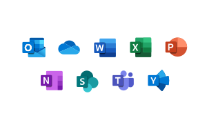 From top-left: Outlook, OneDrive, Word, Excel, PowerPoint, OneNote, SharePoint, Teams, and Yammer.