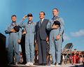 President ريتشارد نيكسون and the Apollo 13 crew (left to right: Jack Swigert, Jim Lovell and Fred Haise) after being presented the Presidential Medal of Freedom on April 18, 1970.