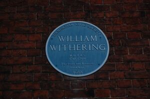 Plaque reads 'William Withering M.D., F.R.S. 1741-1799 Physician and Botanist lived here' and 'Birmingham Civic Society 1988'