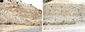 Unnamed upper member, saline facies, Green River Formation, along U.S. Highway 191 in lower Indian Canyon, Duchesne County, Utah. Left: typical exposure; right: exposure in roadcut.