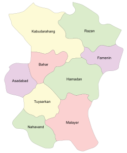 Location of Nahavand County in Hamadan province (bottom, green)