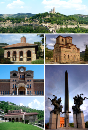 أعلى: View of Tsarevets Fortress، وسط اليسار: Saint Peter and Paul Church, Middle right:Saint Demetrius church, Bottom upper left:Boris Denev Art Gallery، أسفل اليسار: Saint Forty Martyrs bChurch, أسفل اليمين: The monument of the Assens