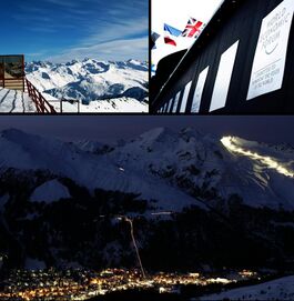 أعلى اليسار: Weissfluhjoch، أعلى اليمين: مركز مؤتمرات المنتدى الإقتصادي العالمي أسفل الصورة: صورة لديداڤوس.