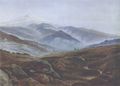 The Giant Mountains (1830–35). 72 × 102 cm. Alte Nationalgalerie, Berlin. Friedrich sought not just to explore the blissful enjoyment of a beautiful view, as in the classic conception, but rather to examine an instant of sublimity, a reunion with the spiritual self through the contemplation of nature.[17]