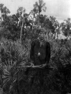A black and white photograph of a Seminole man wearing traditional Seminole smock and vest, holding a rifle standing among palmettos, and staring at the viewer