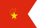 A gold star placed on top of a red torch with a flame, outlined in gold. This is placed on a red background, where the right edge has a triangle section cut out.