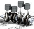 CAD drawing of crankshaft and pistons.