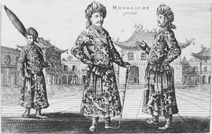 A black-and-white print depicting three standing men wearing turbans, a long robe with a sash, and shoes with rising pointed tips, against an architectural background of buildings with roofs that point upwards. The man on the left, slightly in the background, is carrying a long folded umbrella on his left shoulder. The one in the center, who faces the viewer, is resting on a cane. The man on the right, seen in profile view, faces the center man.