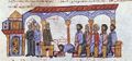 Santabarenos the monk throws himself at the feet of Patriarch Photios (Fol. 107r bottom)