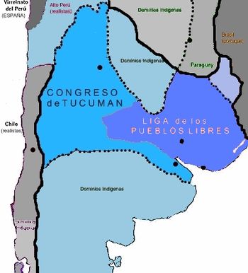 المقاطعات الاتحادية عام 1816، أثناء حرب الاستقلال والحرب الأهلية. الأزرق الفاتح، يمثل أراضي ليست تحت حكم الاستقلاليين. الظلال الداكنة، المقاطعات الموالية للديكتاتورية السامية، ومقاطعات عصبة الاتحاد