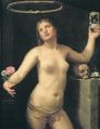 She holds up an hourglass, her elbow above a human skull and in her lower hand two flowers in maturity, one of which is a dandelion blowball or clock (seed head), reminders of transience. An Ouroboros, snake swallowing its own tail, floats above her head as a halo - symbols of eternity.