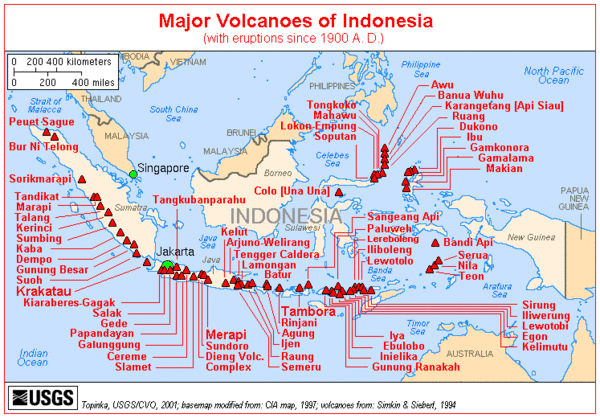 A chart with the heading "Major Volcanoes of Indonesia (with eruptions since 1900 A.D.)". Depicted below the heading is an overhead view of a cluster of islands.